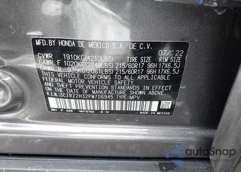 2023 Honda Hr-V Awd Lx from USA, damaged, VIN 3CZRZ2H32PM706945